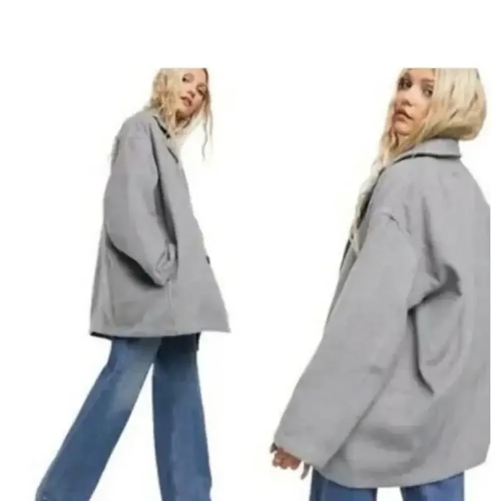 Free People Gray Hannah Slouchy Blazer Jacket‎ Double Breasted Coat Oversize XS